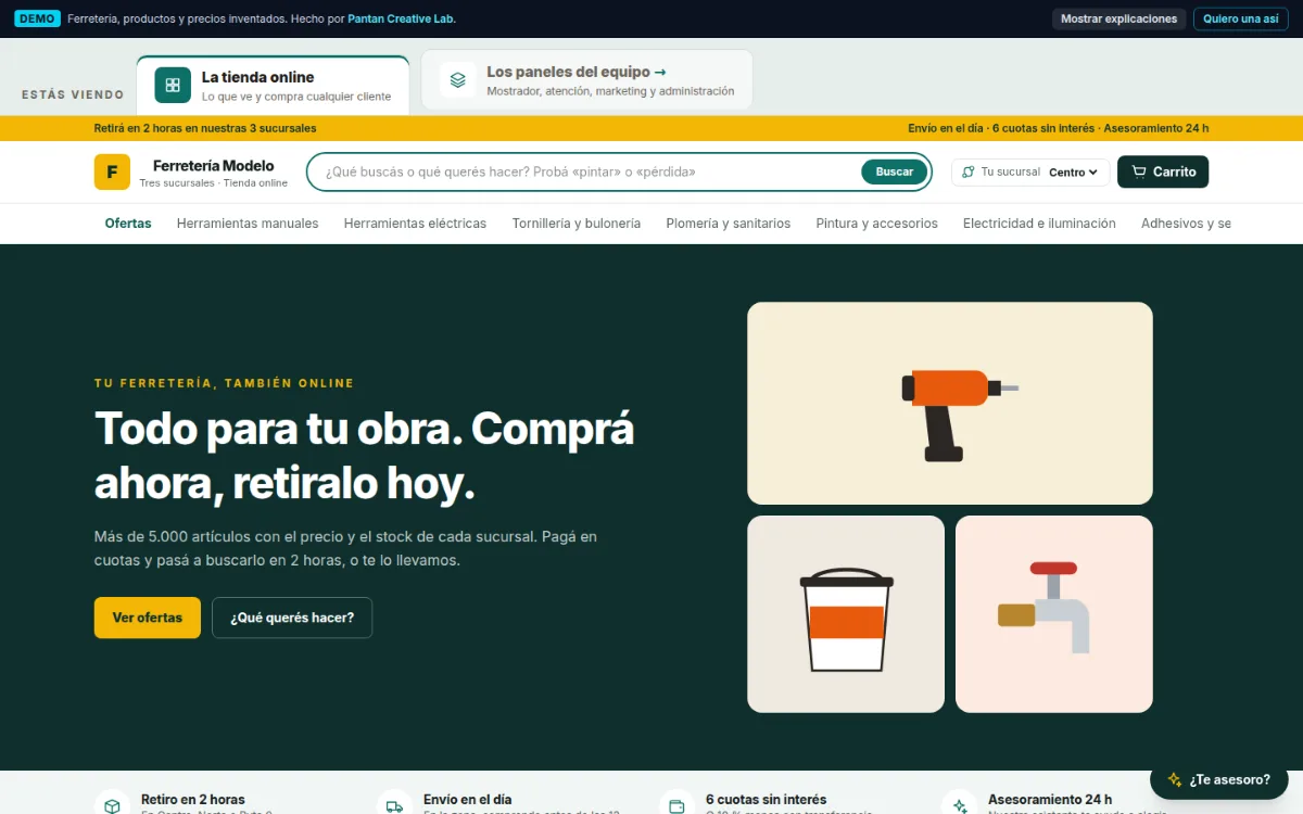 La tienda, con el buscador y las sucursales